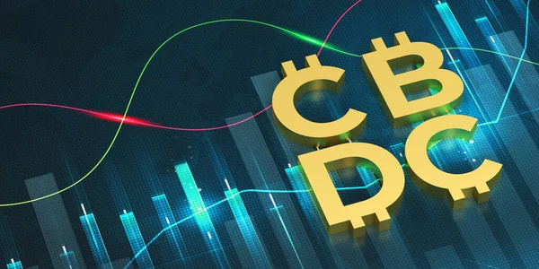 Golden CBDC futuristic digital money on candlestick chart background, copy space. Central Bank Digital Currency 3D render banner for financial investment concept. Economy virtual crypto money trends