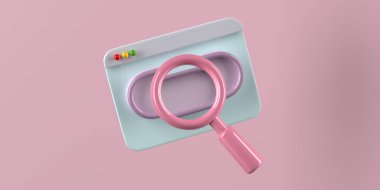 Arama motoru tarama uygulaması ağında büyüteç, akıllı telefon, internet. İş Araştırma Geliştirme konsepti. 3B görüntüleme canlandırma tasarım arka planı, kopyalama alanı, kırpma yolu.