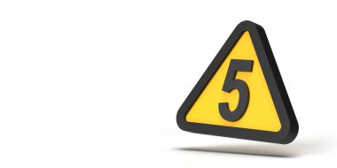 Uyarı konsepti: Beyaz boş arkaplanda çerçevelenmiş sarı geometrik simge üzerinde 5 numara sembollü uyarı üçgeni işareti. 3D render tasarım kopyalama alanı şablonu. 14 görüntü seti. Yol kırpılıyor!.