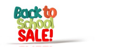 Okula geri döndüm. Beyaz arka planda renkli büyük harflerle yazılmış indirimli metin, kopyalama alanı. 3D render eğitim konsepti: Kırpma yolu olan yatay illüstrasyon tasarım kompozisyon posteri