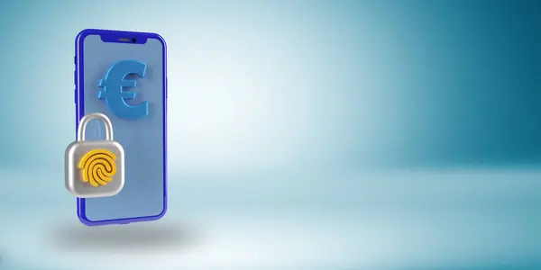 Cep telefonu ekranında EUR simgesi, güvenlik parmak izi asma kilidi, mavi arka plan. Minimalist 3D tasarım, kopyalama alanı. Eski, borsa, online bankacılık konsepti. Çekim Bankacılığı.
