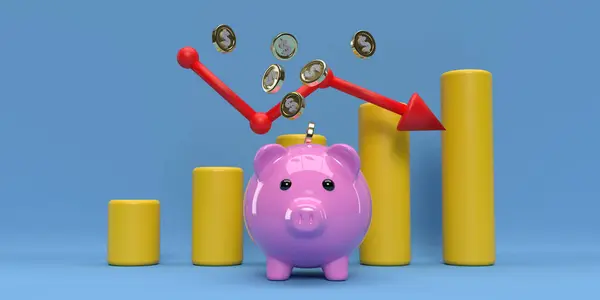 Shiny piggy bank icon in front of falling economic crisis graph, flying golden American dollar coins, blue background in 3D render design. Banking and financial concept. Saving money. SHOTLISTbanking