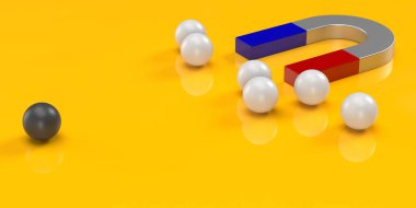 Politikacılar, manyetizmayı seçmenlere, sosyal medyadaki takipçilere yönelik seçim propagandası olarak etkiliyor. Topları çeken mıknatıs, kolay düzenleme için kırpma yolu ile hazırlanmış 3 boyutlu arka plan. Seçim kavramı