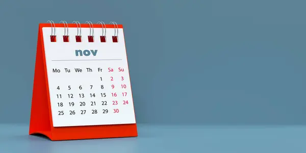 2024 November spiral monthly desk calendar. 3D rendered horizontal page on blue background with copy space. Set of 12 month layouts. Week starts with Monday. Weekends marked in red.