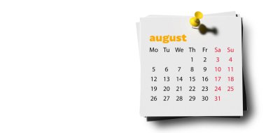 Ağustos 2024 takvim sayfasında beyaz zemin üzerinde sarı düğme, kopyalama alanı, damla gölgesi. 3 boyutlu 12 aylık yatay düzenler oluşturuldu. Hafta pazartesi başlıyor. Hafta sonları kırmızı işaretli.