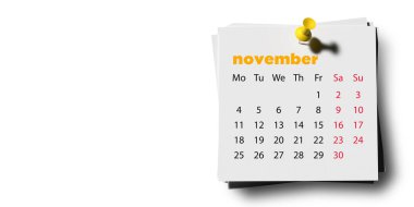 Kasım 2024 takvim sayfasında beyaz zemin üzerinde sarı pim, kopyalama alanı, indirme gölgesi. 3 boyutlu 12 aylık yatay düzenler oluşturuldu. Hafta pazartesi başlıyor. Hafta sonları kırmızı işaretli.