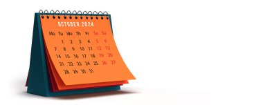 Ekim 2024 turuncu renkli aylık spiral masa takvimi. Beyaz arkaplanda yatay olarak oluşturulmuş 3D sayfa, kopyalama alanı. 12 aylık yerleşim planı. Hafta pazartesi başlıyor. Hafta sonları kırmızı.