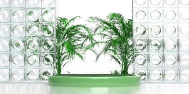 Zarif minimalist ürün podyum platformu, palmiye gölgesi arkaplanı, kopyalama alanı. 3D çizim tasarımı. Lüks yaz konsepti. Yaratıcı boş ödül sahnesi modeli, ışıklandırma efektleri.