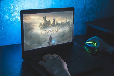 Hogwarts legacy new video game. Close up shoot of playing video game on PC. High quality photo