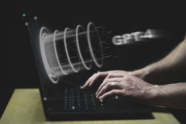 GPT-4 hologram on PC keyboard typing. Generative Pre-Trained Transformer 4 GPT-4 is latest tool for developing and improving artificial intelligence AI. High quality photo