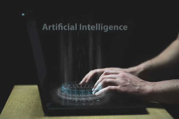 Artificial intelligence hologram on PC keyboard. AI versus Human being concept. High quality photo