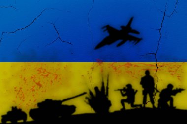 Ukraine flag with blood and silhouettes of soldiers, tanks and fighting jets. Russia and Ukraine war. High quality photo