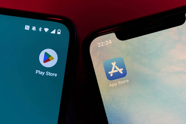 Google Play Store Apple App Store Teléfonos Inteligentes Android Apple — Foto de Stock