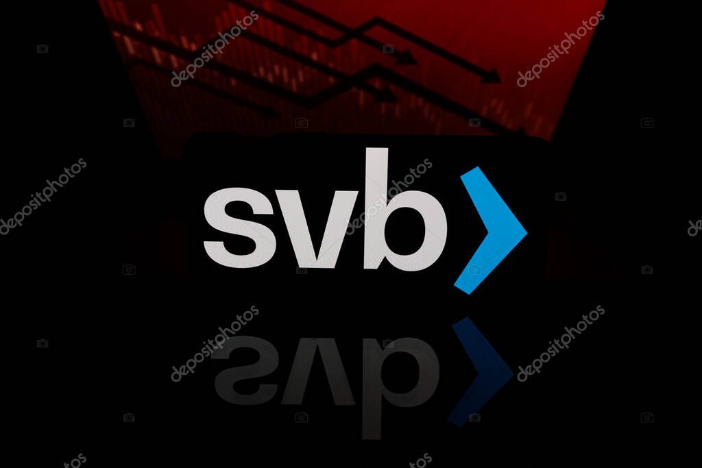 Kaunas, Lithuania - 2023 March 11: Silicon Valley Bank logo in red background. Silicon Valley Bank collapse. Bank bankrupt. High quality photo