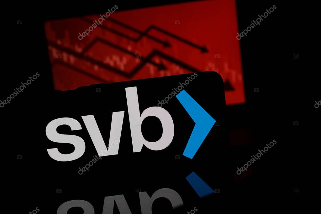 Kaunas, Lithuania - 2023 March 11: Silicon Valley Bank logo in red background. Silicon Valley Bank collapse. Bank bankrupt. High quality photo