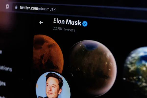 stock image Kaunas, Lithuania - 2023, March 12: Elon Musk Twitter account on PC screen. Elon Musk is CEO of Twitter, Tesla and SpaceX. High quality photo