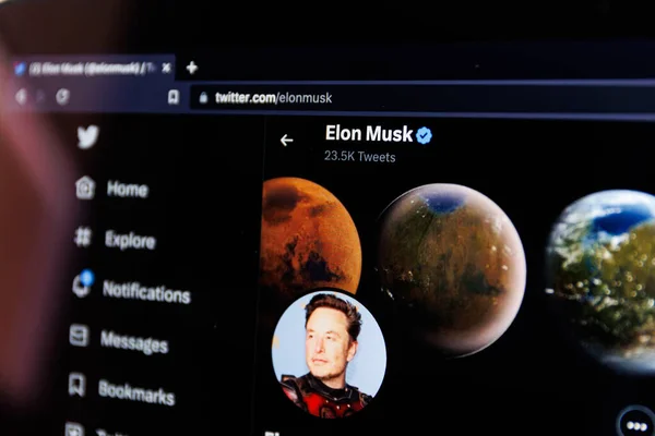 Kaunas Lithuania 2023 March Elon Musk Twitter Account Screen Elon — Stock Photo, Image