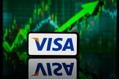 New York, Amerika Birleşik Devletleri - 10 Mart 2023: Borsada Visa şirketi. Vize başarısı ve kazanç
