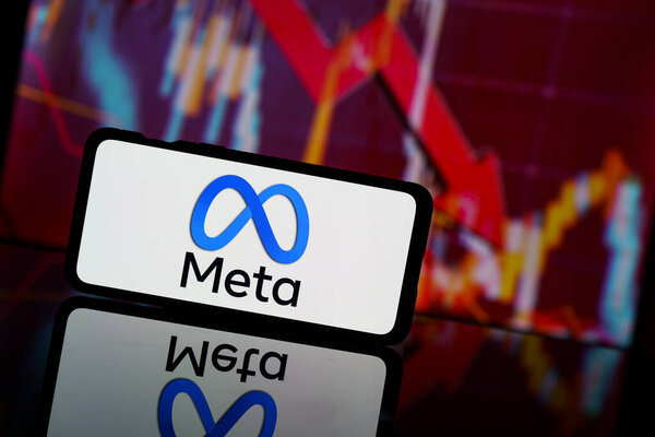 Paris, France - 2023 March 13: Meta facebook company shares go down at stock market. Meta company financial crisis and failure. Economy collapse