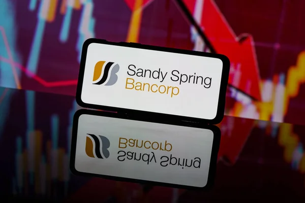 stock image Kaunas, Lithuania - 2023 March 13: Sandy Spring Bancorp logo in red background. Bank collapse. Bank bankrupt