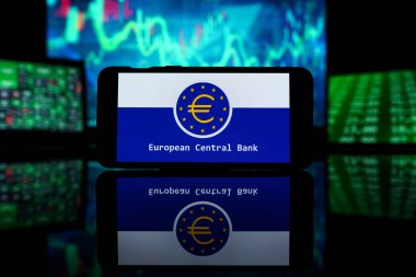 Kaunas, Lithuania - 2023 March 27: The economical crisis in EuroZone. European central bank logo on screen. ECB raise interest rates. High quality photo clipart