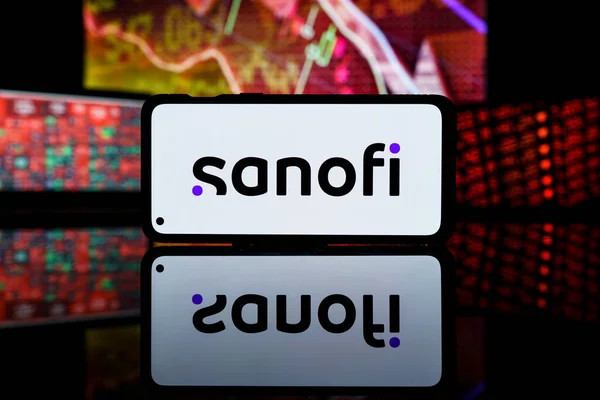 stock image Paris, France - 2023 March 28: Sanofi company shares dropped down at stock market. Sanofi company financial crisis and failure. 