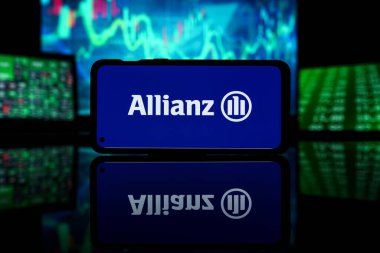 New York, Amerika Birleşik Devletleri - 29 Mart 2023: Allianz şirketi borsada. Allianz finansal başarı ve kâr
