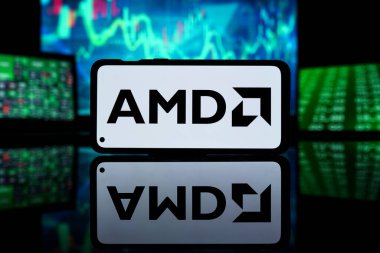 New York, United States of America - 2023 March 29: AMD company on stock market. AMD financial success and profit clipart