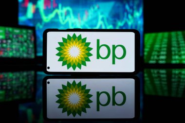 New York, Amerika Birleşik Devletleri - 29 Mart 2023: BP şirketi borsada. BP petrol başarısı ve kazancı