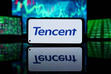 New York, Amerika Birleşik Devletleri - 29 Mart 2023: Tencent şirketi borsada. Onluk mali başarı ve kâr