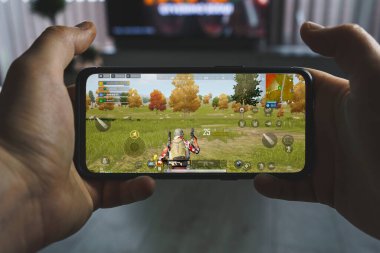 Kaunas, Litvanya - 16 Nisan 2023: PUBG mobil oyunu oynanıyor. Akıllı telefondan oyun bakış açısı. Yüksek kalite fotoğraf