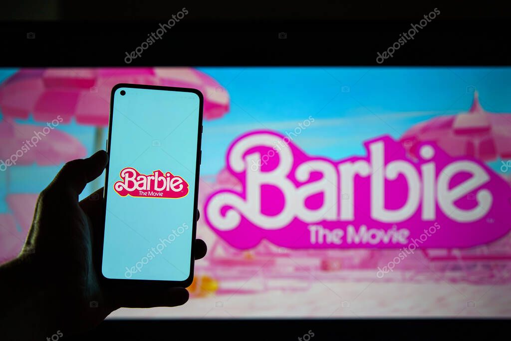 Kaunas, Lithuania - 2023 July 22: The barbie movie logo and poster on screen. High quality photo