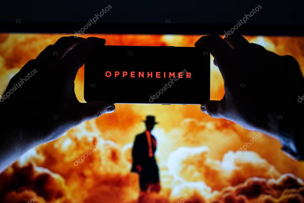 Vilnius, Lithuania - 2023 July 22: Oppenheimer movie logo and poster on screen. High quality photo