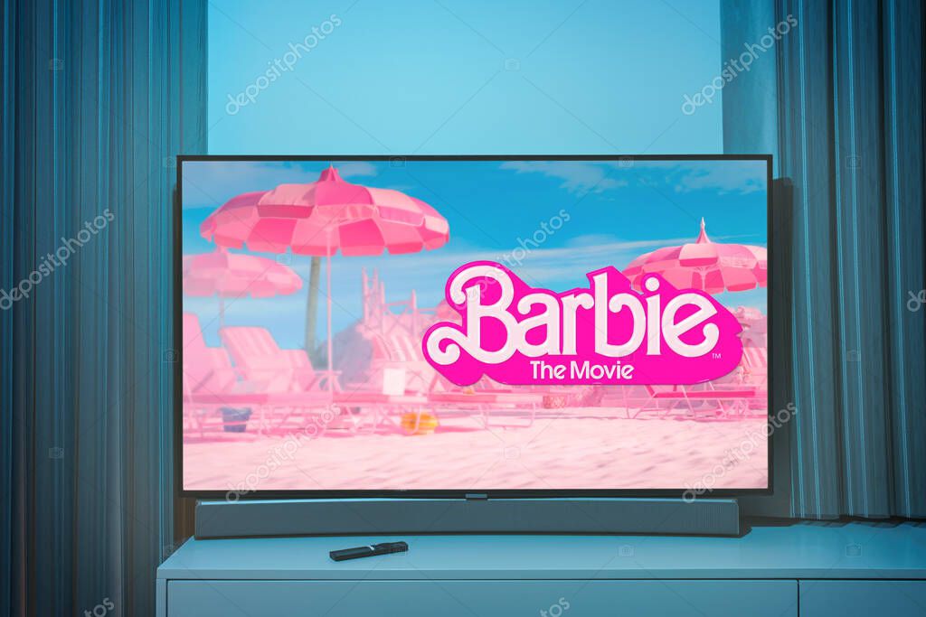 Kaunas, Lithuania - 2023 July 22: The barbie movie logo and poster on TV screen. High quality photo