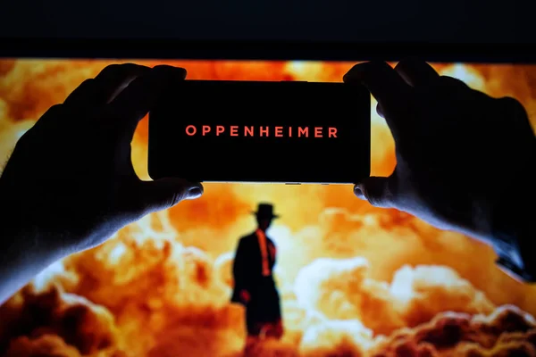 stock image Vilnius, Lithuania - 2023 July 22: Oppenheimer movie logo and poster on screen. High quality photo