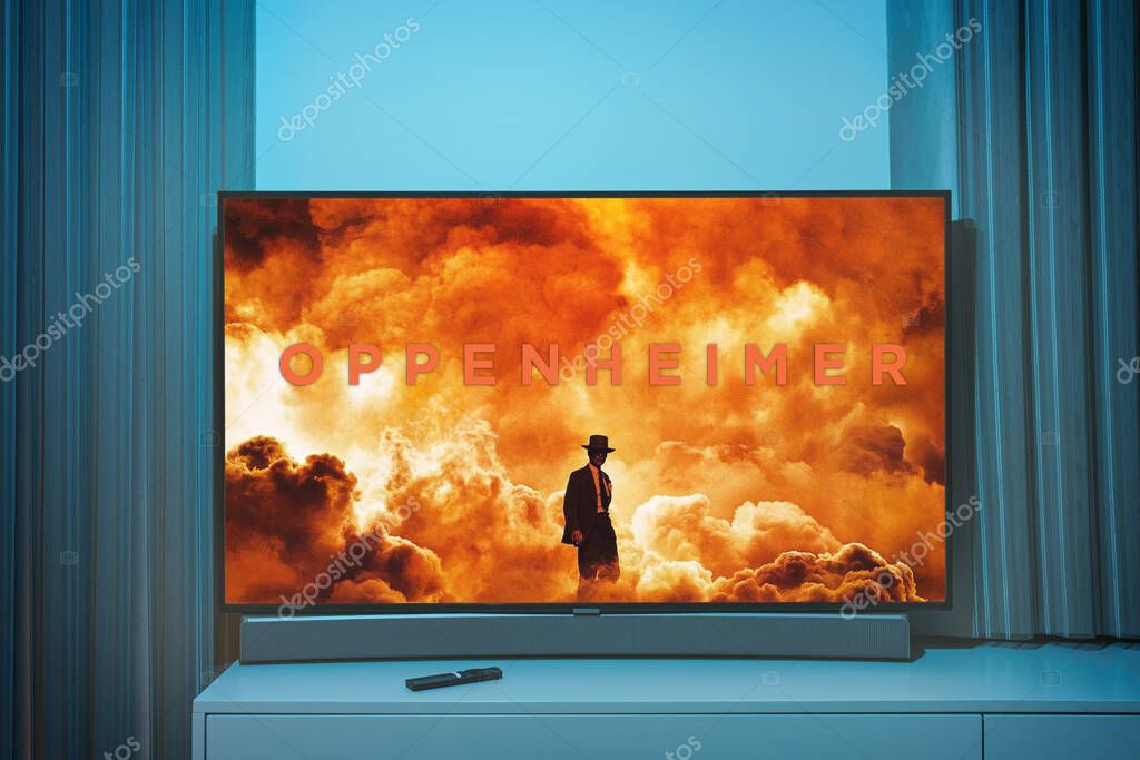 Vilnius, Lithuania - 2023 July 23: Oppenheimer movie logo and poster on TV screen. High quality photo