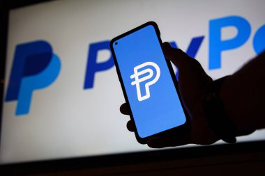 VIlnius, Litvanya - 8 Ağustos 2023: PayPal ahır logosu ekranda. PayPal, Amerikan Doları Ahırı 'nı fırlattı. Yüksek kalite fotoğraf