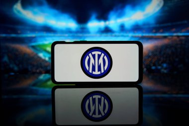 Kaunas, Lithuania - 2023 August 10: Italy football league Serie A team Inter Milan logo on screen. High quality photo clipart