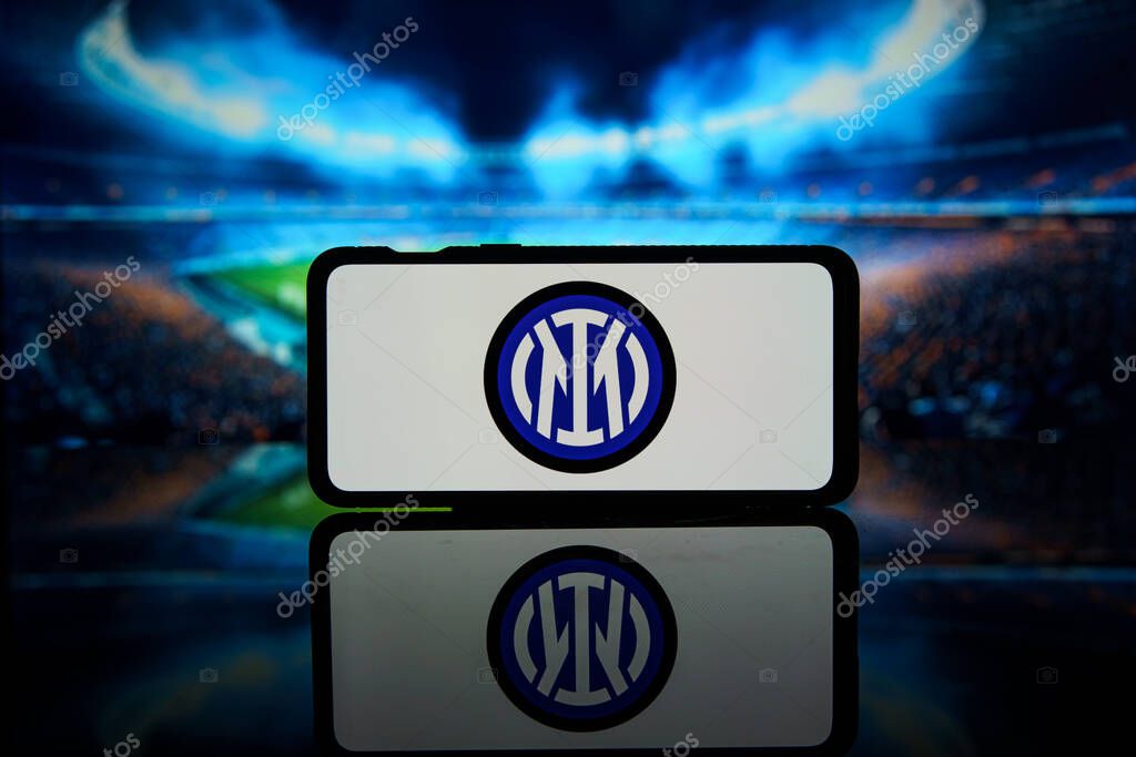 Kaunas, Lithuania - 2023 August 10: Italy football league Serie A team Inter Milan logo on screen. High quality photo