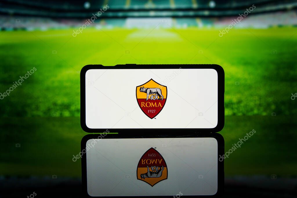 Kaunas, Lithuania - 2023 August 10: Italy football league Serie A team AS Roma logo on screen. High quality photo