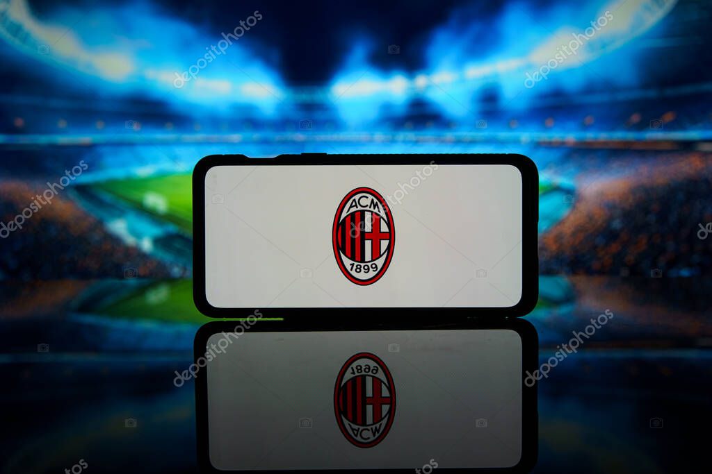 Kaunas, Lithuania - 2023 August 10: Italy football league Serie A team AC Milan logo on screen. High quality photo
