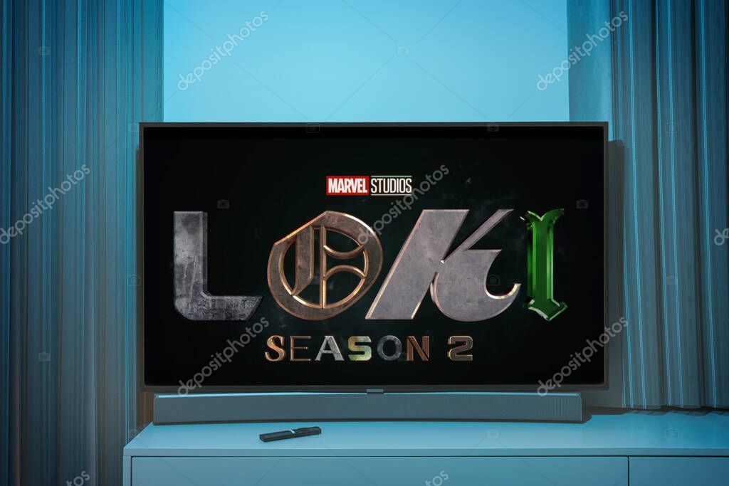 Vilnius, Lithuania - 2023 October 5: Marvel TV Series Loki on Television screen. TV show