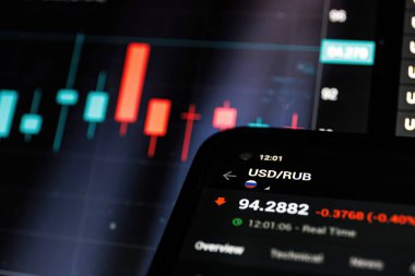 Kaunas, Litvanya - 16 Ağustos 2023: Amerikan dolarına karşı döviz piyasasında Rus rublesi. Rus parası. Yüksek kalite fotoğraf