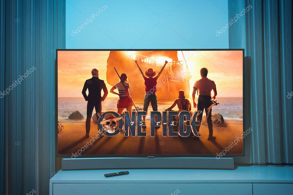 Vilnius, Lithuania - 2023 October 5: Popular Netflix TV Series One Piece on Television screen. TV show