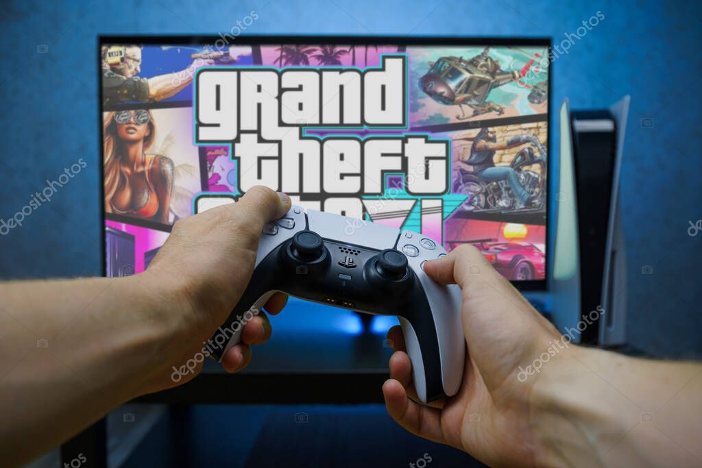 Vilnius, Lithuania - 2023 October 29: New upcoming Rockstar game GTA VI. Point of View playing Grand Theft Auto VI on Playstation 5. High quality photo