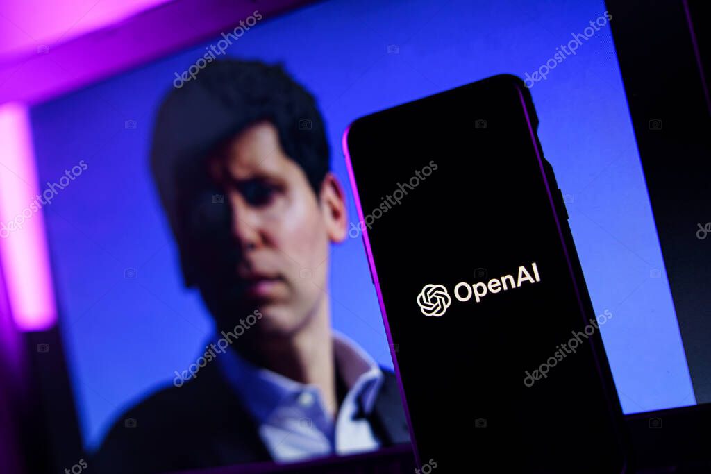 Kaunas, Lithuania - 2023 November 19: OpenAI logo and Sam Altman in background on screen. OpenAI fires CEO Sam Altman. High quality photo