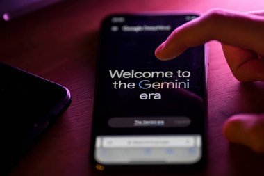 Vilnius, Litvanya - 14 Aralık 2023: Gemini yapay zeka modeli Google tarafından akıllı telefon ekranında yapıldı. Yüksek kalite fotoğraf