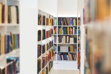 Kaunas, Litvanya - 20 Ocak 2024: Halk kütüphanesinde kitaplar. Yüksek kalite fotoğraf