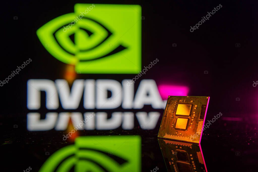 New Jersey, United States of America - February 5: microchip GPU with Nvidia logo in the background. High quality photo