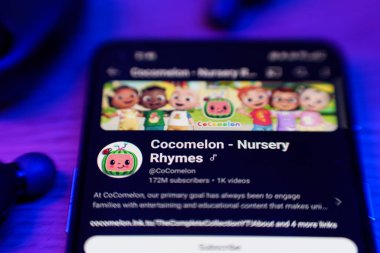 Kaunas, Lithuania - 2024 March 1: Cocomelon Nursery Rhymes youtube one of the most popular channel on smarthpone screen clipart